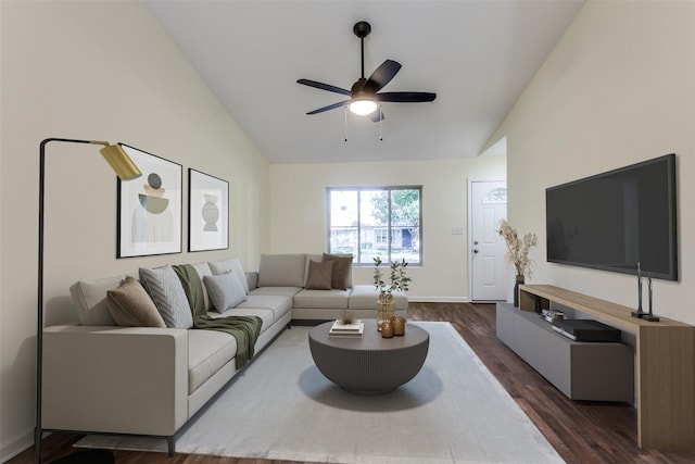 living room with ceiling fan, dark wood-type flooring, and lofted ceiling