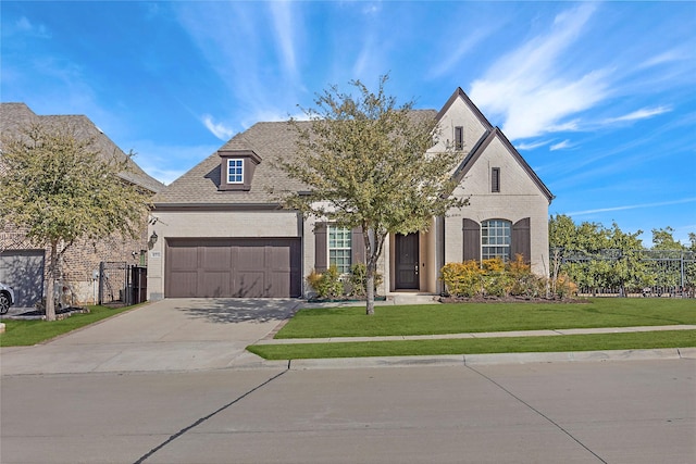 french country inspired facade featuring brick siding, a shingled roof, concrete driveway, a front yard, and a garage