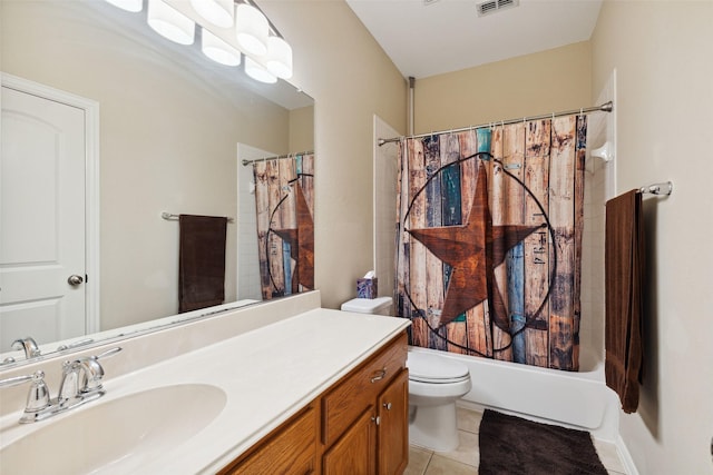 full bathroom featuring vanity, tile patterned flooring, toilet, and shower / bath combo with shower curtain