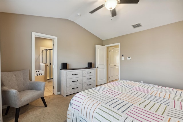 bedroom featuring lofted ceiling, ceiling fan, and light carpet