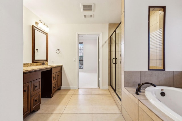 bathroom with vanity, tile patterned flooring, and separate shower and tub