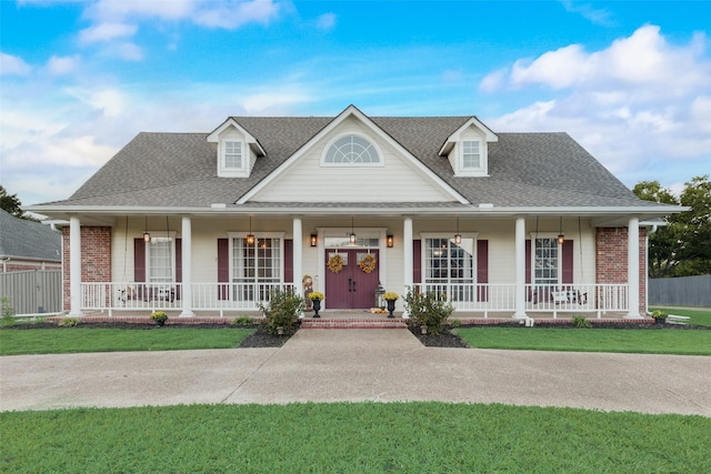 view of front of property with covered porch and a front yard