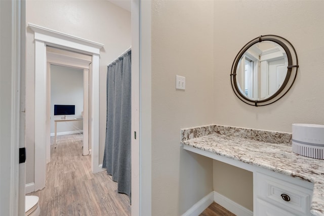 bathroom featuring toilet, a shower with curtain, wood-type flooring, and vanity