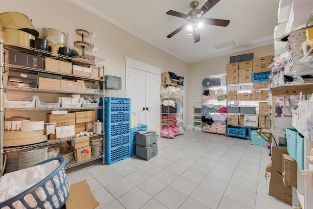 storage room featuring ceiling fan