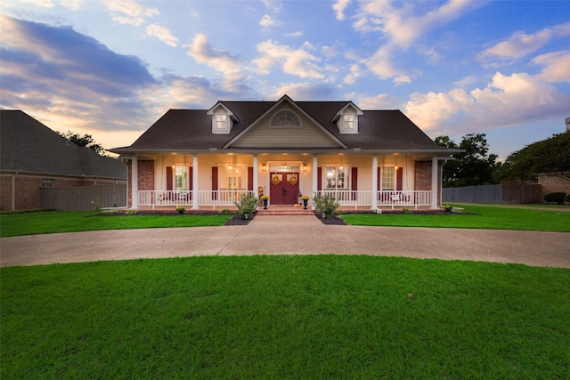 view of front facade with a porch, a front yard, and fence