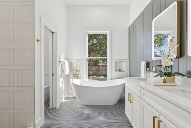 bathroom with toilet, vanity, a bathtub, and plenty of natural light