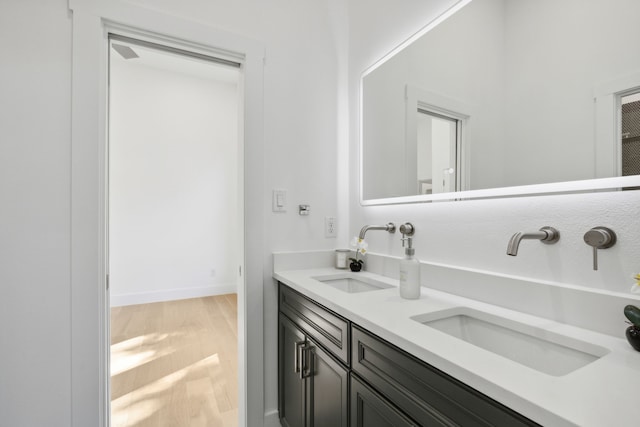 bathroom with wood-type flooring and vanity