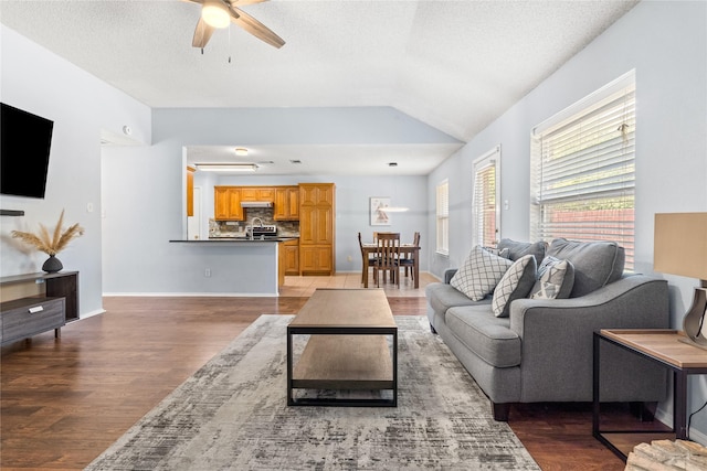 living room featuring vaulted ceiling, hardwood / wood-style flooring, a textured ceiling, and ceiling fan