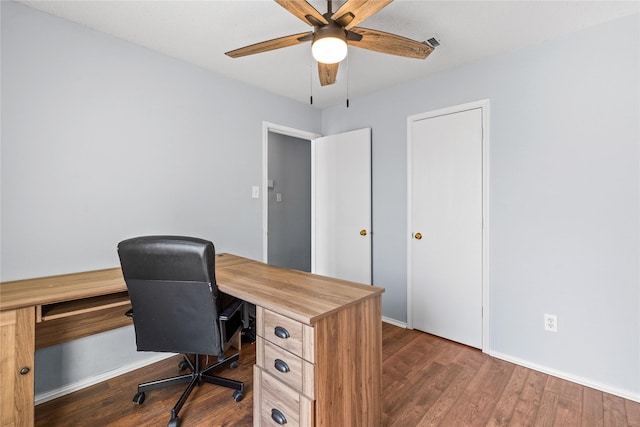 home office with ceiling fan and dark hardwood / wood-style floors