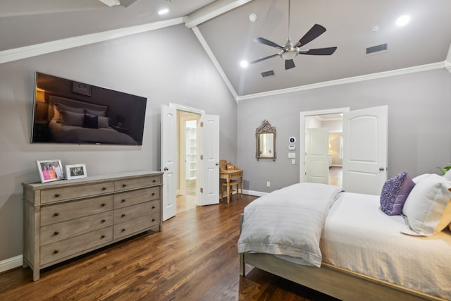 bedroom with ceiling fan, beam ceiling, ornamental molding, and dark hardwood / wood-style floors