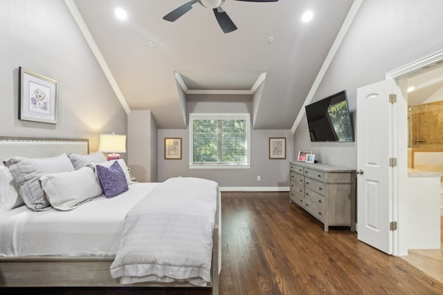 bedroom with ceiling fan, ornamental molding, lofted ceiling, and dark hardwood / wood-style floors