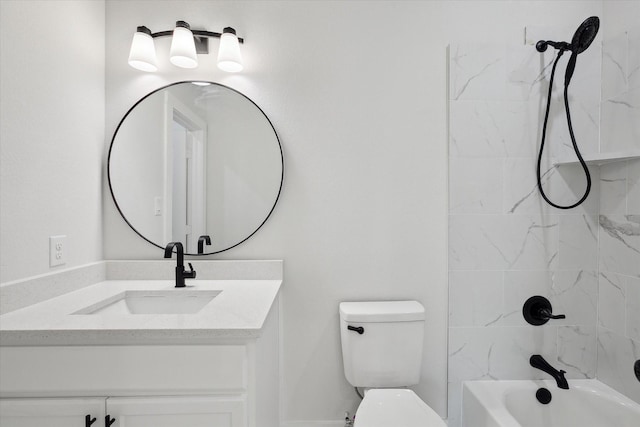 full bathroom with toilet, tiled shower / bath combo, and vanity