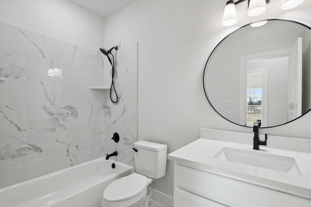 full bathroom with tiled shower / bath combo, vanity, and toilet