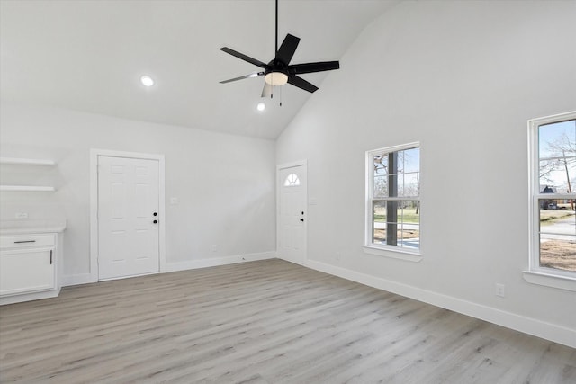 unfurnished living room featuring high vaulted ceiling, ceiling fan, and light hardwood / wood-style floors