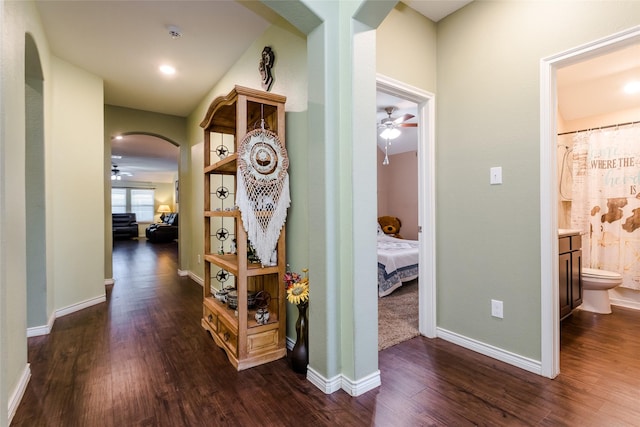 corridor with dark hardwood / wood-style flooring