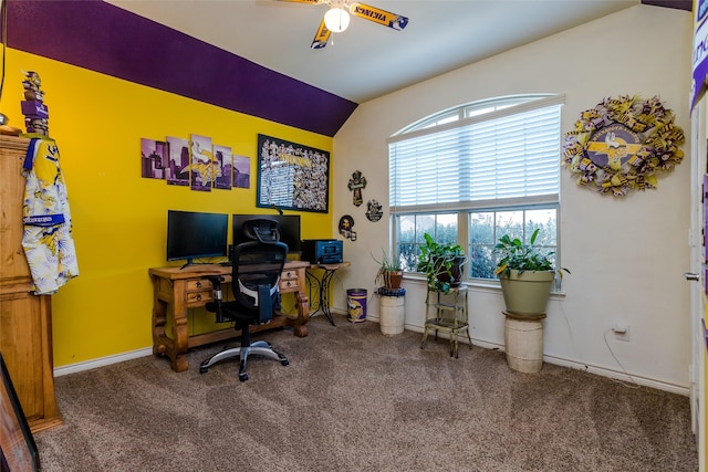 carpeted home office featuring ceiling fan and lofted ceiling