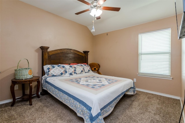 bedroom featuring ceiling fan, carpet floors, and lofted ceiling