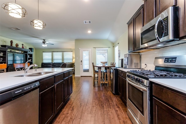 kitchen featuring hardwood / wood-style floors, pendant lighting, sink, dark brown cabinetry, and appliances with stainless steel finishes