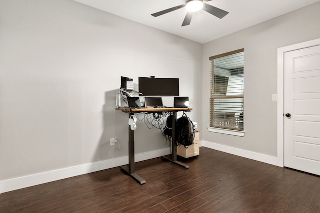 home office featuring ceiling fan and dark wood-type flooring