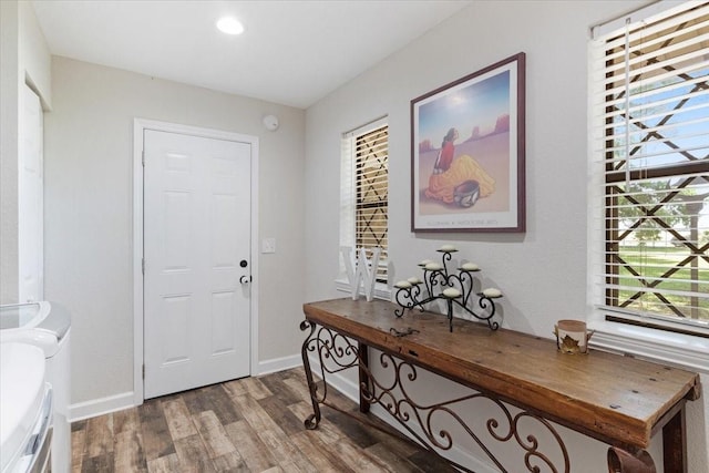 foyer entrance with hardwood / wood-style flooring, separate washer and dryer, and plenty of natural light