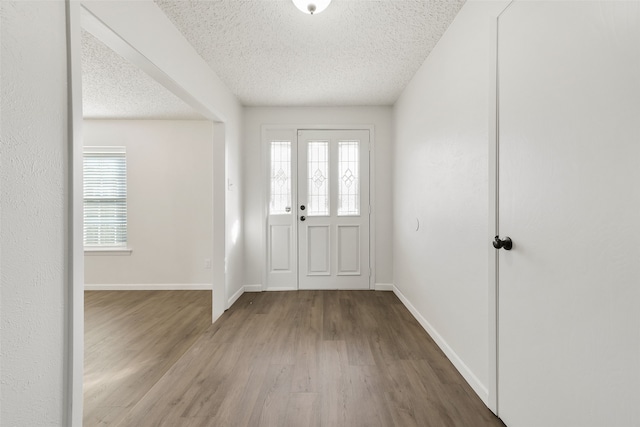 foyer with a textured ceiling, a healthy amount of sunlight, and wood-type flooring