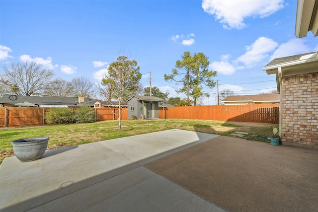 view of yard with a patio area and a shed