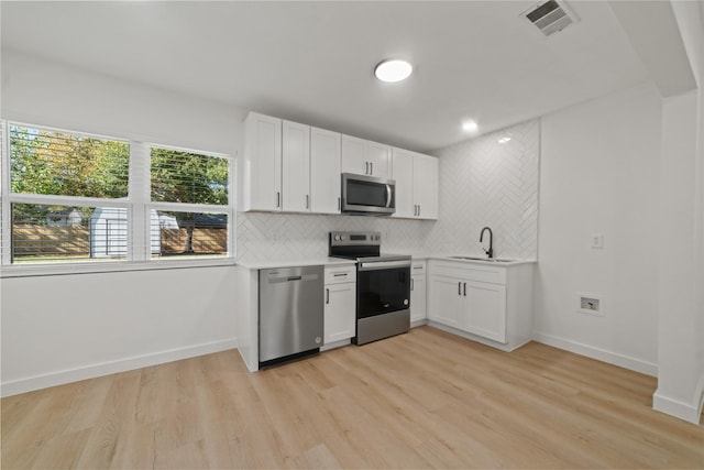 kitchen featuring stainless steel appliances, white cabinetry, sink, and backsplash