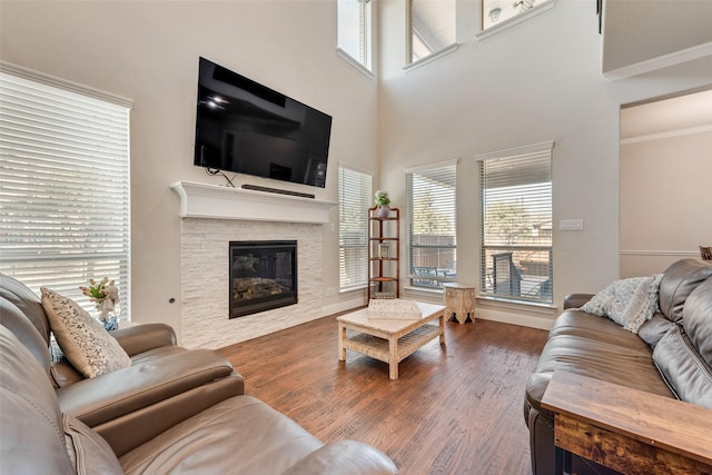 living room featuring dark wood-type flooring, ornamental molding, and a stone fireplace