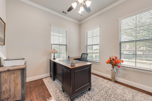 office space with ornamental molding, ceiling fan, and light wood-type flooring