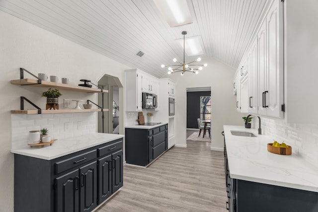 kitchen featuring sink, wood ceiling, white cabinets, and tasteful backsplash