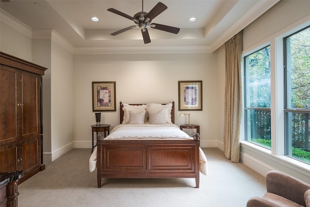 33 Glen Abbey Dr, Dallas, TX 75248 - bedroom featuring light carpet, a tray ceiling, crown molding, baseboards, and ceiling fan
