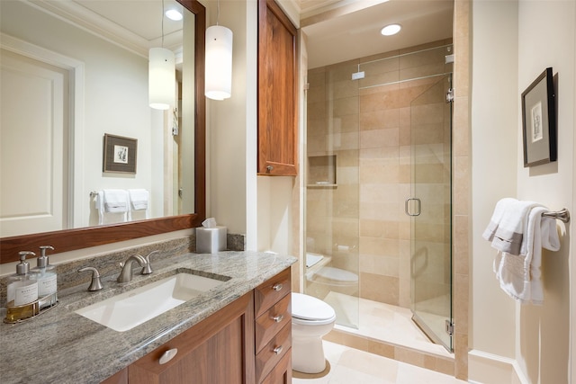 33 Glen Abbey Dr, Dallas, TX 75248 - bathroom with toilet, a stall shower, crown molding, vanity, and recessed lighting