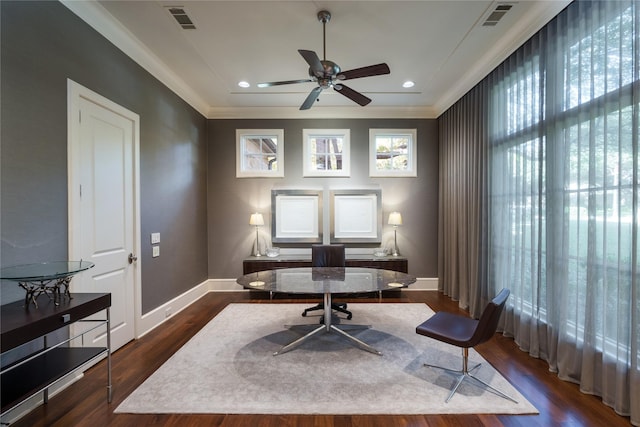 home office featuring ceiling fan, crown molding, and dark hardwood / wood-style floors