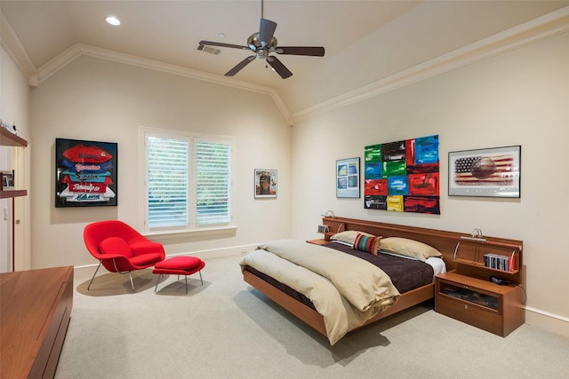 33 Glen Abbey Dr, Dallas, TX 75248 - carpeted bedroom featuring crown molding, lofted ceiling, baseboards, recessed lighting, and ceiling fan