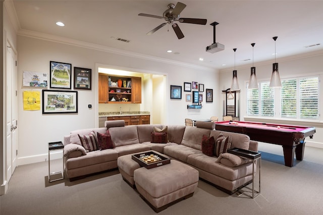 33 Glen Abbey Dr, Dallas, TX 75248 - carpeted living room with pool table, baseboards, bar with sink, ornamental molding, and recessed lighting