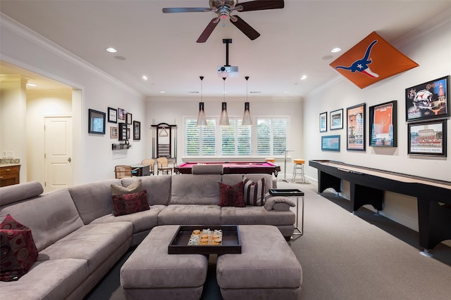33 Glen Abbey Dr, Dallas, TX 75248 - carpeted living area featuring recessed lighting, a ceiling fan, ornamental molding, billiards table, and baseboards