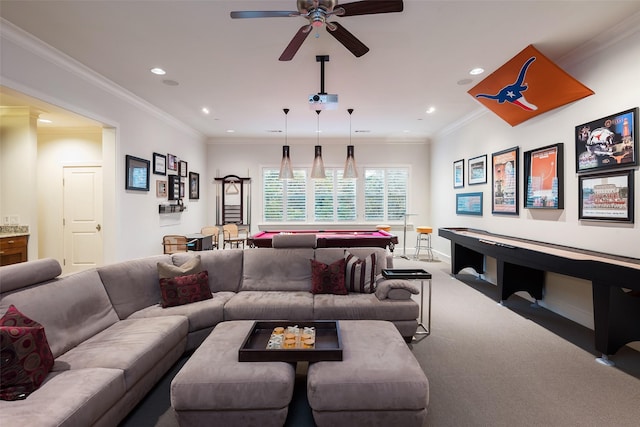 living room with carpet flooring, pool table, ceiling fan, and ornamental molding