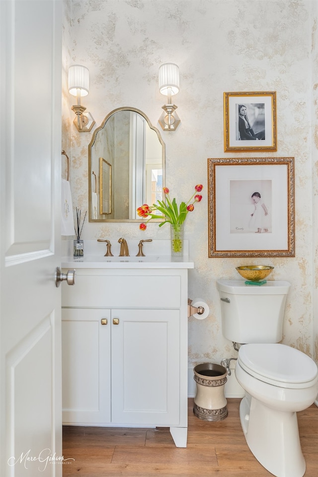 bathroom featuring toilet, wood-type flooring, and vanity