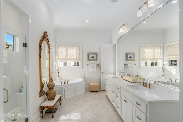 bathroom with shower with separate bathtub, a healthy amount of sunlight, and crown molding