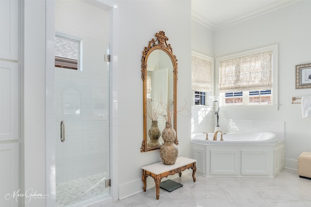 bathroom with separate shower and tub and crown molding