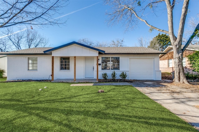 ranch-style house featuring concrete driveway, a shingled roof, an attached garage, and a front yard