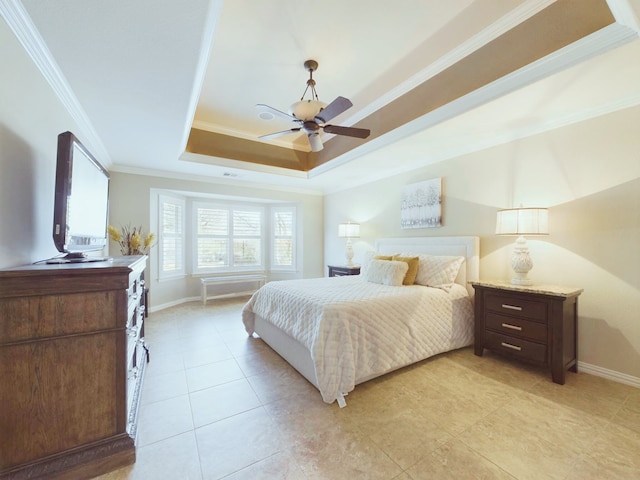 bedroom featuring light tile patterned flooring, a raised ceiling, ceiling fan, and ornamental molding