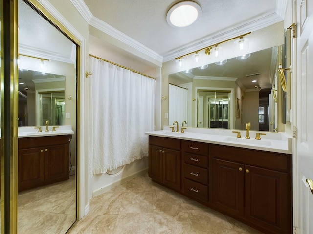 bathroom with vanity, shower / bath combination with curtain, and crown molding