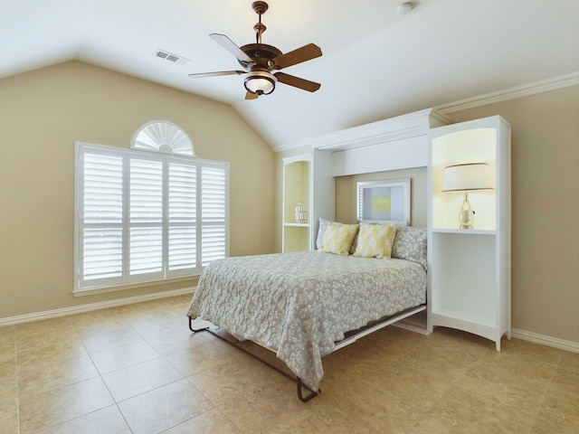 tiled bedroom featuring ceiling fan and vaulted ceiling