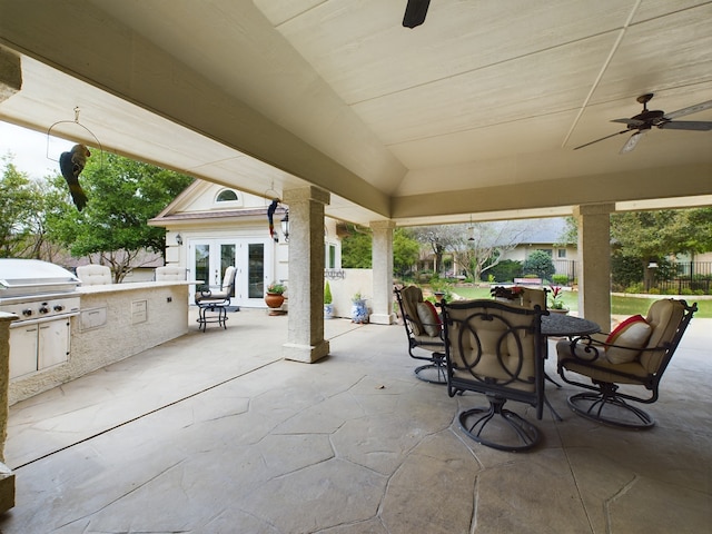 view of patio / terrace with french doors, grilling area, and ceiling fan