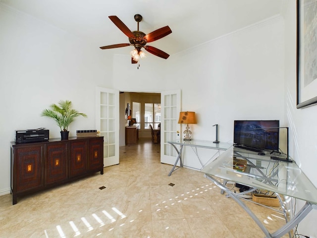 living room with ceiling fan, french doors, and crown molding