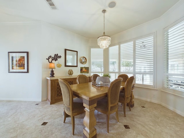 dining area with crown molding, a notable chandelier, light tile patterned floors, and a wealth of natural light