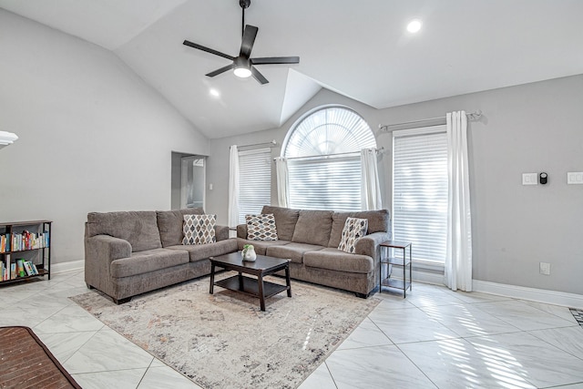 living room featuring lofted ceiling and ceiling fan