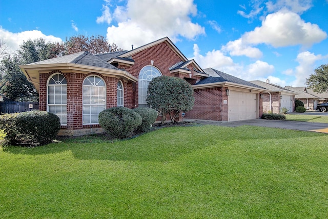 single story home featuring a front lawn and a garage