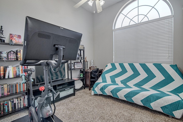 exercise area with carpet floors and ceiling fan